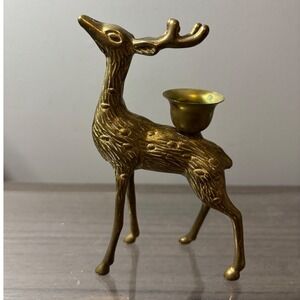 Vintage Solid Brass Deer Reindeer Taper Candle Holder